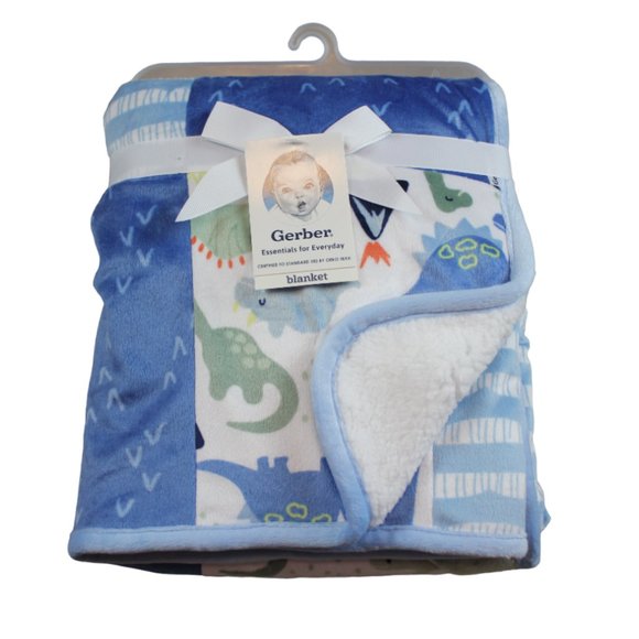 Gerber Dinosaur Baby Blanket Blue White Patchwork Sherpa Fleece